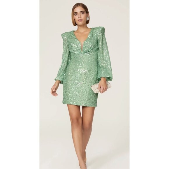 Mac Duggal Ieena Green Sequin Mini Dress Blouson Sleeve Party Cocktail Size 6 - Picture 1 of 13